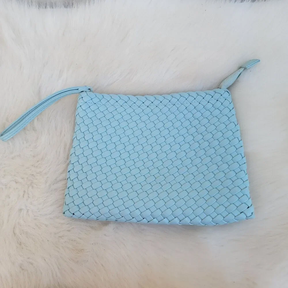 Rachel Zoe Pale Blue Woven Neoprene Wristlet Clutch.